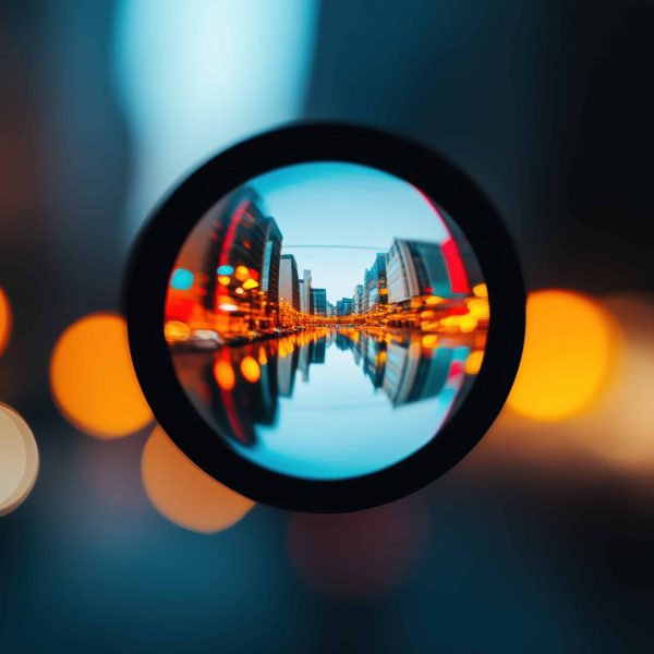 Hyper-Focused Urban Perspective Minimalist Lens Capturing Futuristic Cityscape Reflection - Innovative Visual Storytelling for Digital Marketing and Tech Branding.
