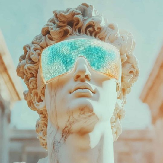 Augmented Heritage Classical Marble Sculpture Reimagined with Futuristic AR Overlay - Immersive Cultural Technology Experience in Museum Innovation.